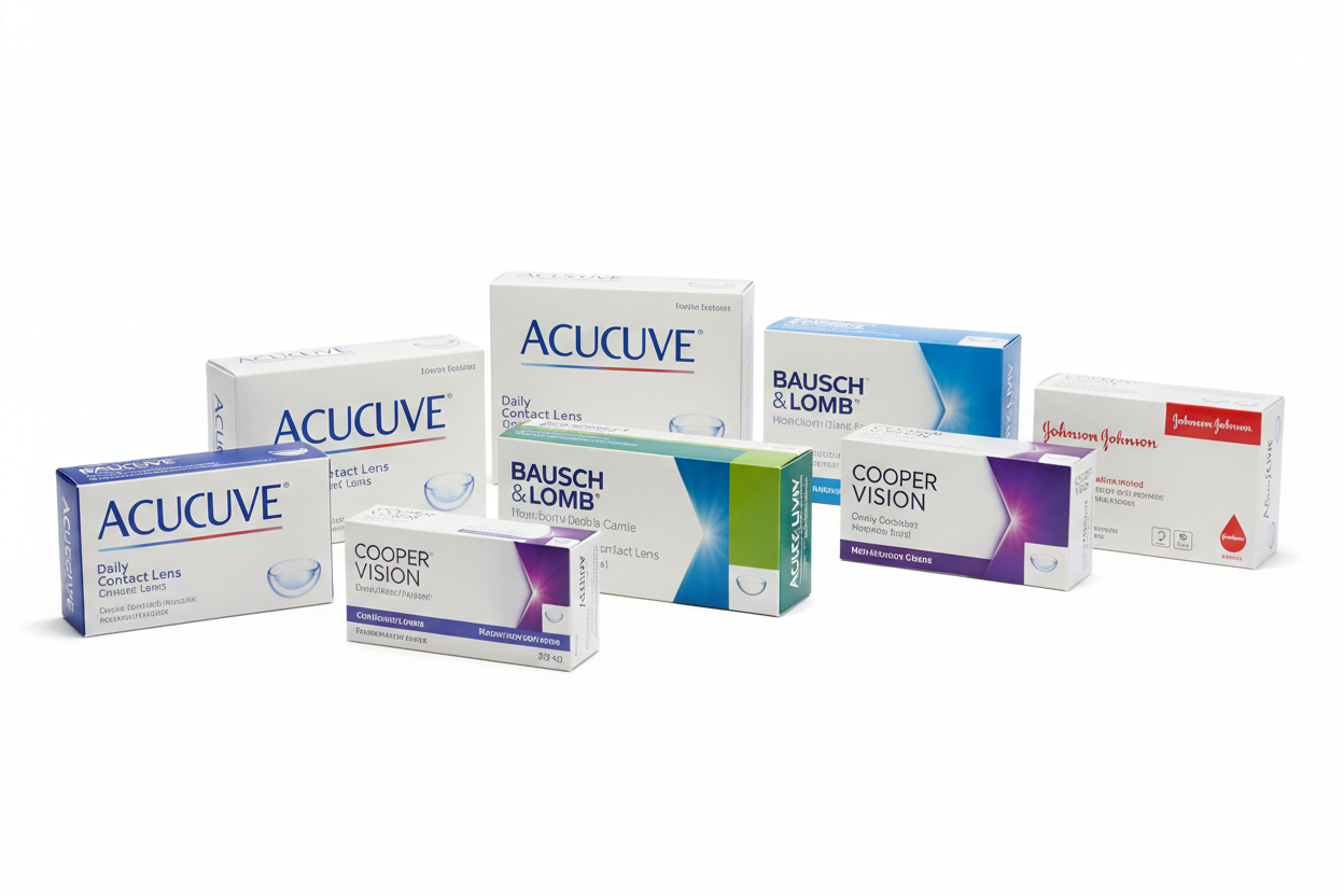 perekrt nur verpackungen ohne die runden teile und schau das auf den proudkt verpackungen richtige firmen namen isnd wie Acuvue und Bausch & Lomb und Cooper Vision und Johnson & Johnson